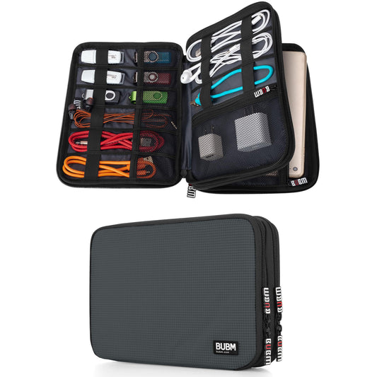 BUBM Double Layer Electronic Accessories Organizer, Travel Gear Bag for Cables, USB Flash Drive, Plug and More, Perfect Size Fits for iPad mini (Medium, Gray)