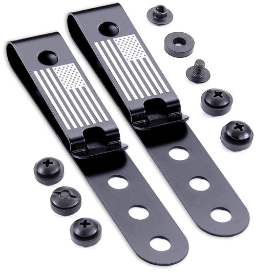 HolsterSmith Universal Metal Belt Clip for Holster Making - (Model 5) - (3-Hole) - (Tactical Black) - (w/USA Flag Engraving) - (w/Mounting Hardware) - (2 Pack)