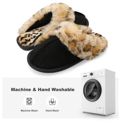Besroad Fuzzy Fluffy House Slippers for Women Cozy Winter Warm Plush Furry Slides Shoes Black Leopard11.5-12.5