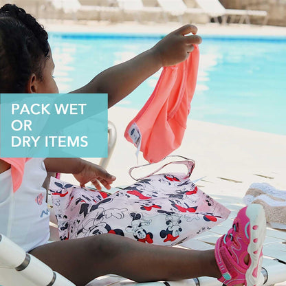 Bumkins Disney Waterproof Wet Bag for Baby, Travel, Swim Suit, Cloth Diapers, Pump Parts, Pool, Beach, Gym Clothes, Toiletry, Hook to Stroller, Daycare, Zip Reusable Wetdry Packing Pouch, Mickey Mouse