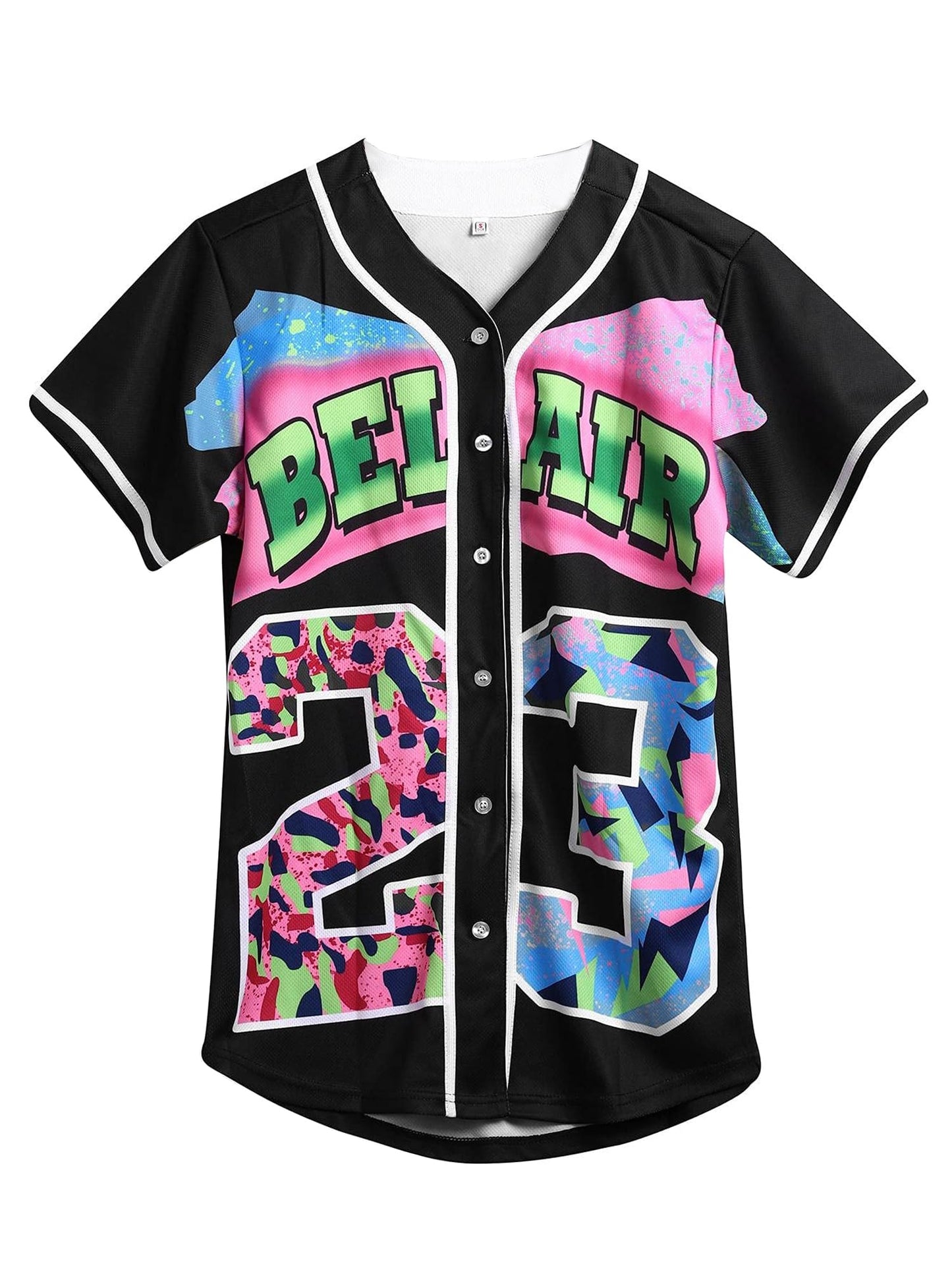 Amzdest 90s Clothing for Women, Unisex Hip Hop Party, Bel Air 23 Baseball Jersey Short Sleeve Button Down Shirt (23Black, Small)