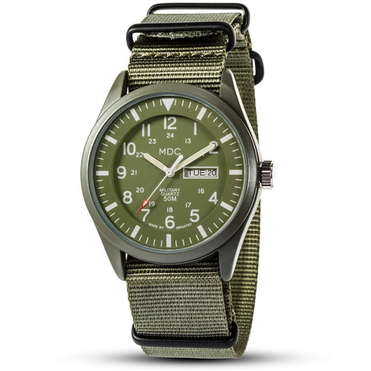 Infantry Military Watches for Men Analog Wrist Watch, Tactical Waterproof Outdoor Sport Mens Quartz Wristwatch, Date Day Work Field Army Green w/Nylon Band by MDC