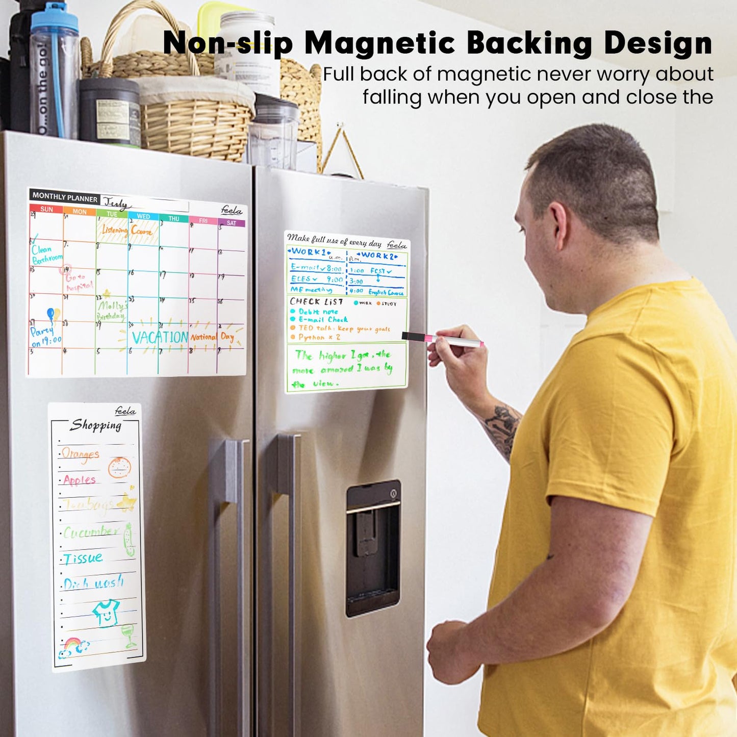 4 Pack Dry Erase 2024 Magnetic White Board Calendar Kit, Feela Monthly Weekly Calendar for Wall Refrigerator, Office Supplies with 8 Magnetic Erase Markers, 1 Eraser, 10 Stickers for Schedule