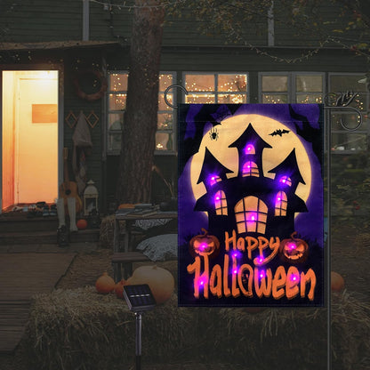 Happy Halloween Garden Flag LED Lighted Vertical Double Sided Garden Flag Halloween Castle Holiday Farmhouse Outdoor Yard Lawn Decoration 12.5 x 18 Inch