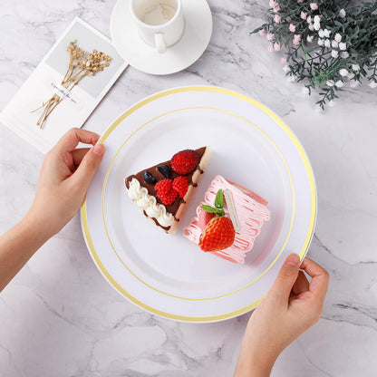 BESTVIP 200PCS Gold Plastic Plate, Disposable Party Plates with 100 Dinner Plates and 100 Dessert Plates, Plastic Plates for Party, Wedding and Birthday