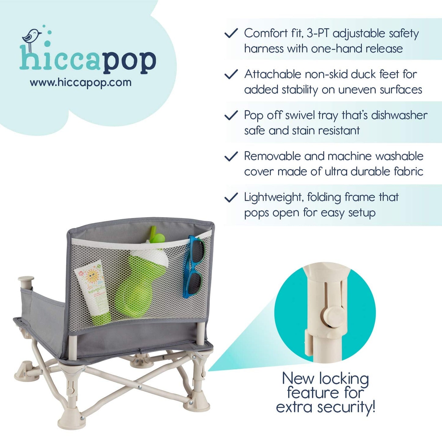 Hiccapop OmniBoost Travel Booster Seat with Tray for Baby, Dining Table, Camping, Beach, Grandma’s | Folding Portable Tip-Free Design Straps to Kitchen Chairs