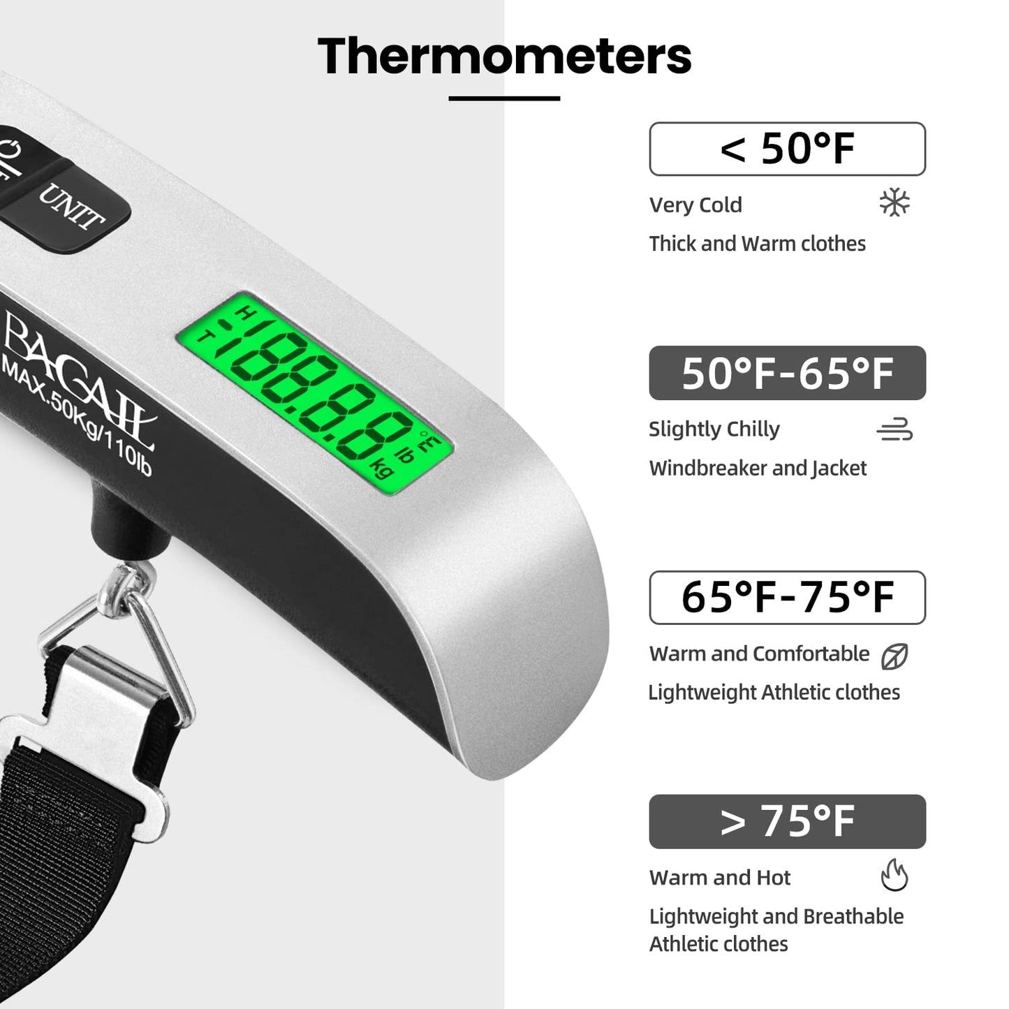 BAGAIL Digital Luggage Scale, 110lbs Hanging Baggage Scale with Backlit LCD Display,Portable Suitcase Weighing Scale,Travel Luggage Weight Scale with Hook,Strong Straps for Travelers(Ash Silver/Temp