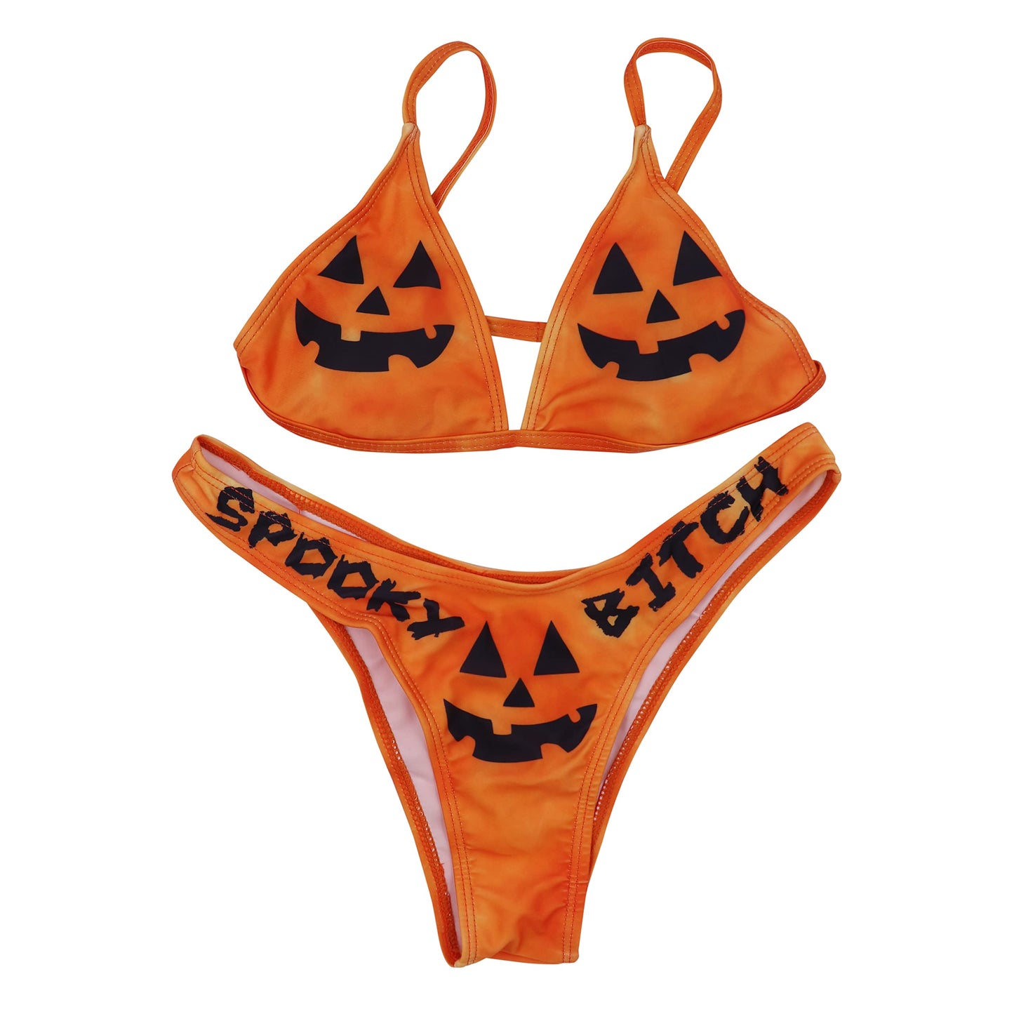 ANKOMINA Women Gothic Skull Letter Printed Two Piece Swimsuit High Cut Triangle Bikini Set for Rave Party Festival Halloween Orange