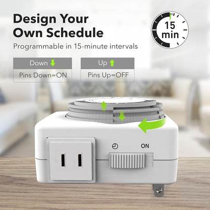 HBN Outlet Timer for Electrical Outlets Indoor, 24 Hour Mechanical Light Timers for Lamps, Dual 2-Prong Plug-in Outlets, 15-Minute Intervals, Heavy Duty Daily Cycle, 2 Pack