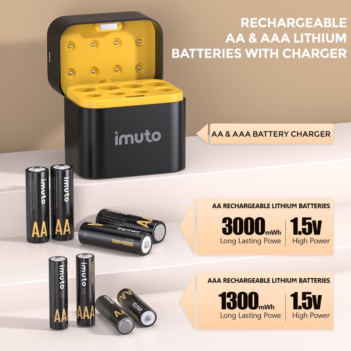 imuto Rechargeable 4 AAA and 4 AA Batteries Lithium with Charger,8 Pack 1.5 V Triple A Double A Batteries Rechargeable, Long Lasting Lithium Battery with Integrated Charging Storage Box(4AAA+4AA)