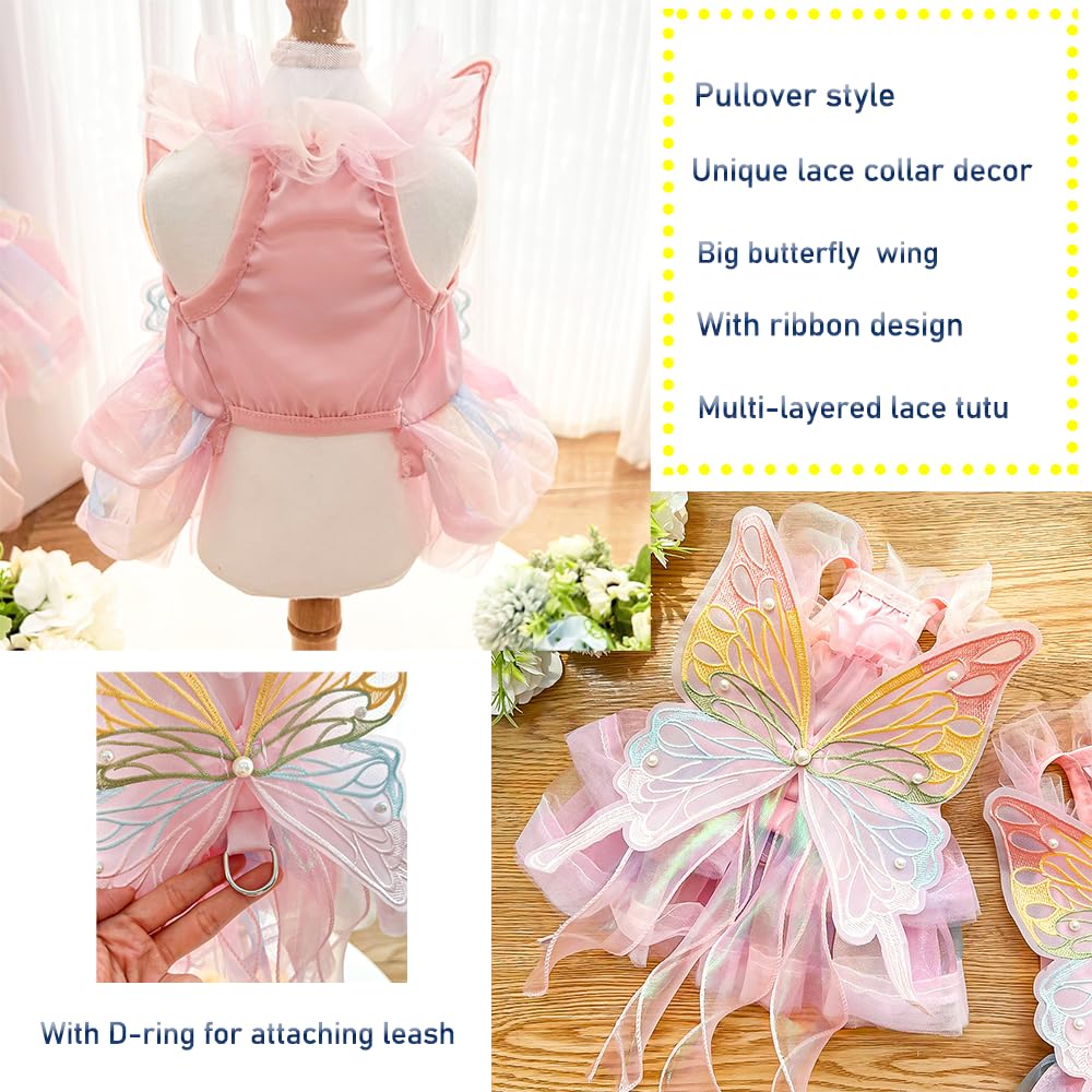 Anelekor Butterfly Dog Costume Pink Dog Dress with Leash Ring Lolita Puppy Clothes for Small Dog Girl Halloween Cat Outfit for Kitten Chihuahua Yorkie Pomeranian(Purple, Large)