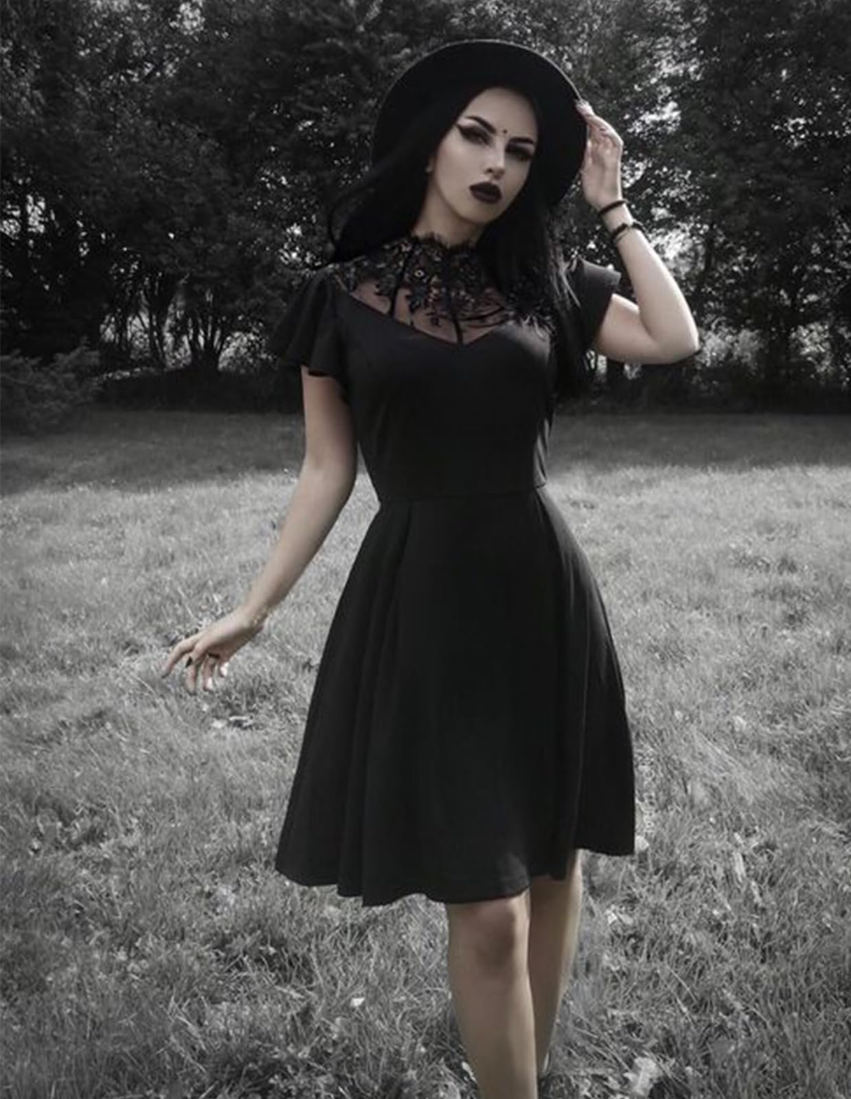 Womens Gothic Dress Lace Neck Flutter Sleeve Swing A-line Midi Dresses Black XL