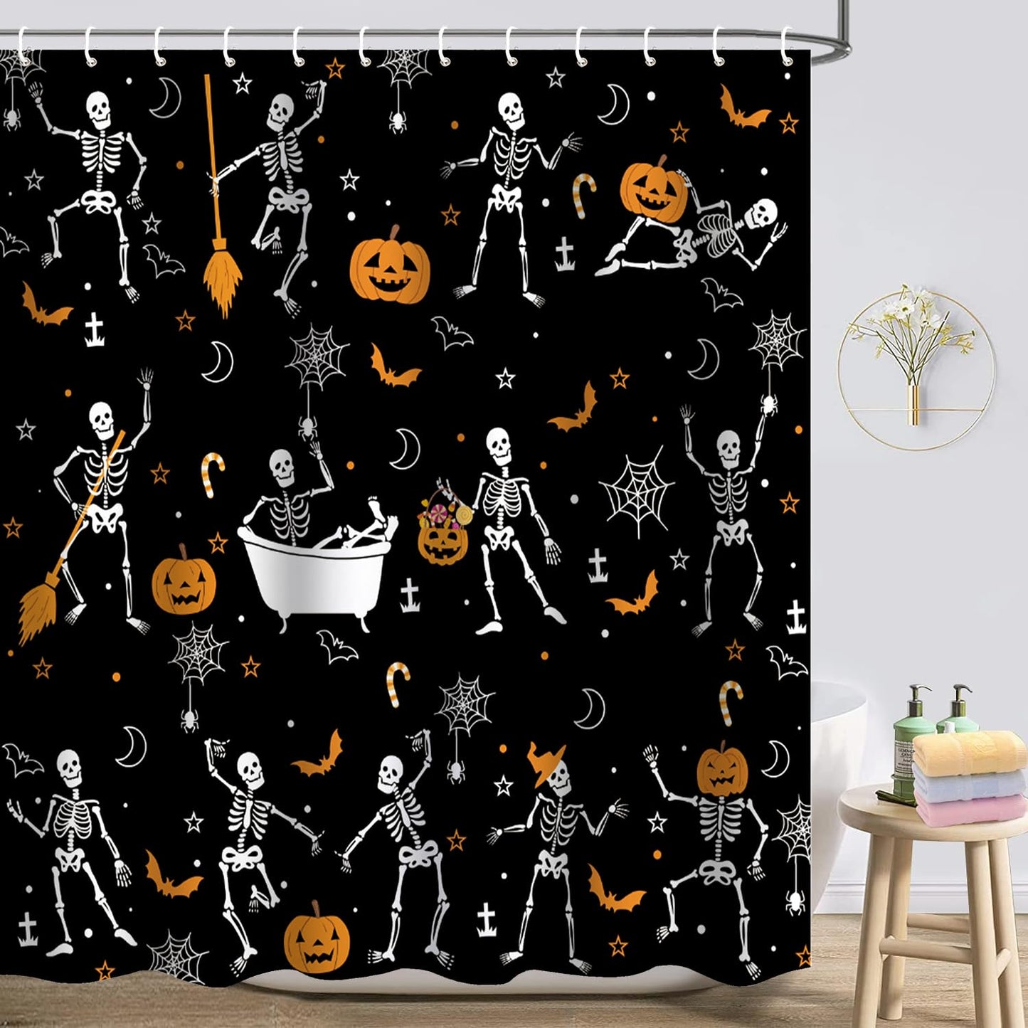 Atwqevon Halloween Shower Curtain, Ghost Shower Curtain Set, Black Fall Shower Curtains for Bathroom Decor, Spooky Shower Curtain Halloween Curtains, Waterproof Bathroom Curtain with Hooks 72"X72"