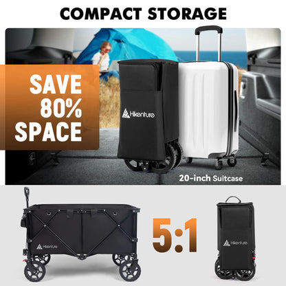 Hikenture Folding Wagon Cart, Portable Large Capacity Beach Wagon, Heavy Duty Utility Collapsible Wagon with All-Terrain Wheels, Outdoor Garden Cart Foldable Wagon for Sports, Shopping, Camping(Black)