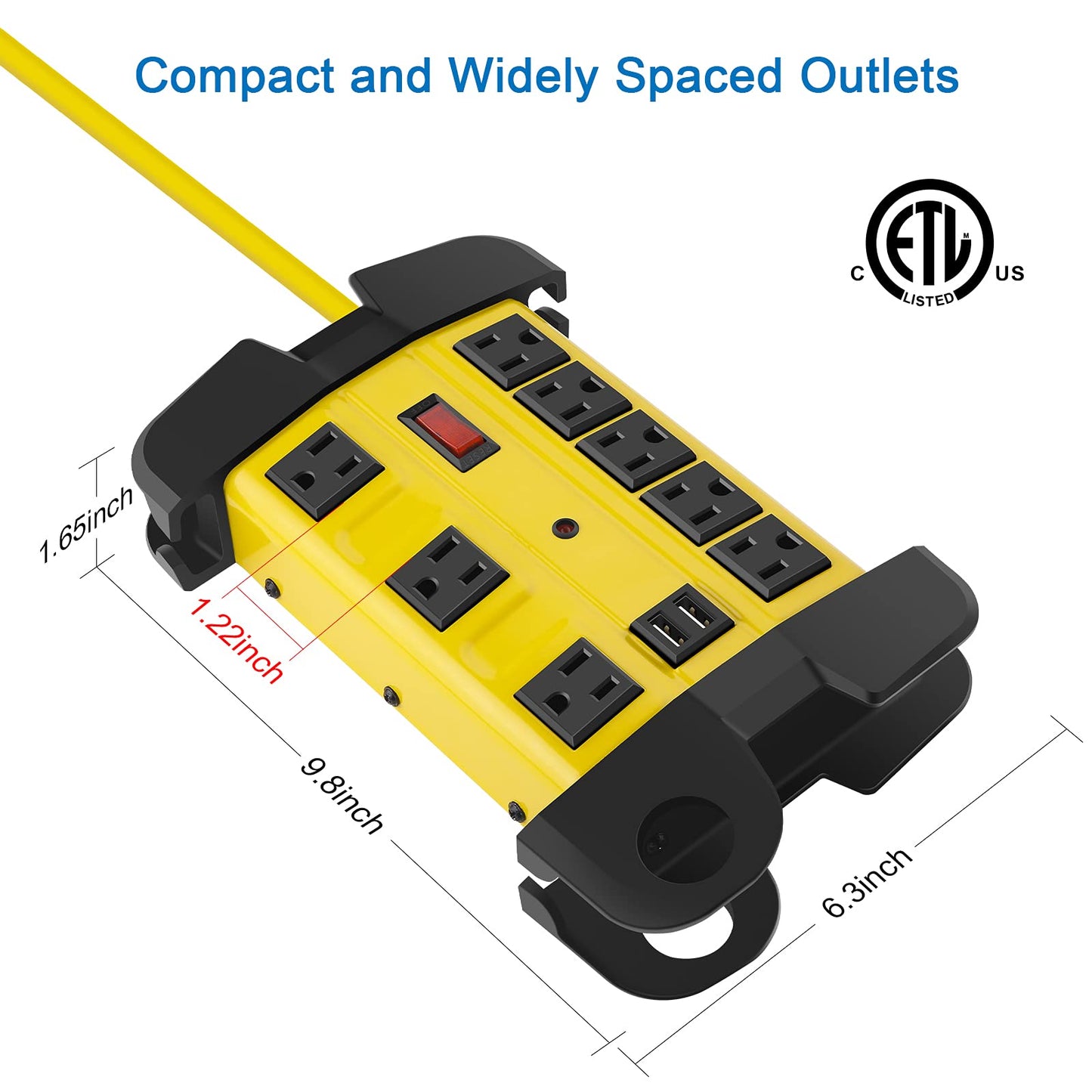Heavy Duty Power Strip with USB, Workshop 8 Outlet Surge Protector 2700 Joules, Industrial Metal 15Amp Power Strip, 6FT Extension Cord and Wide Spaced. Yellow