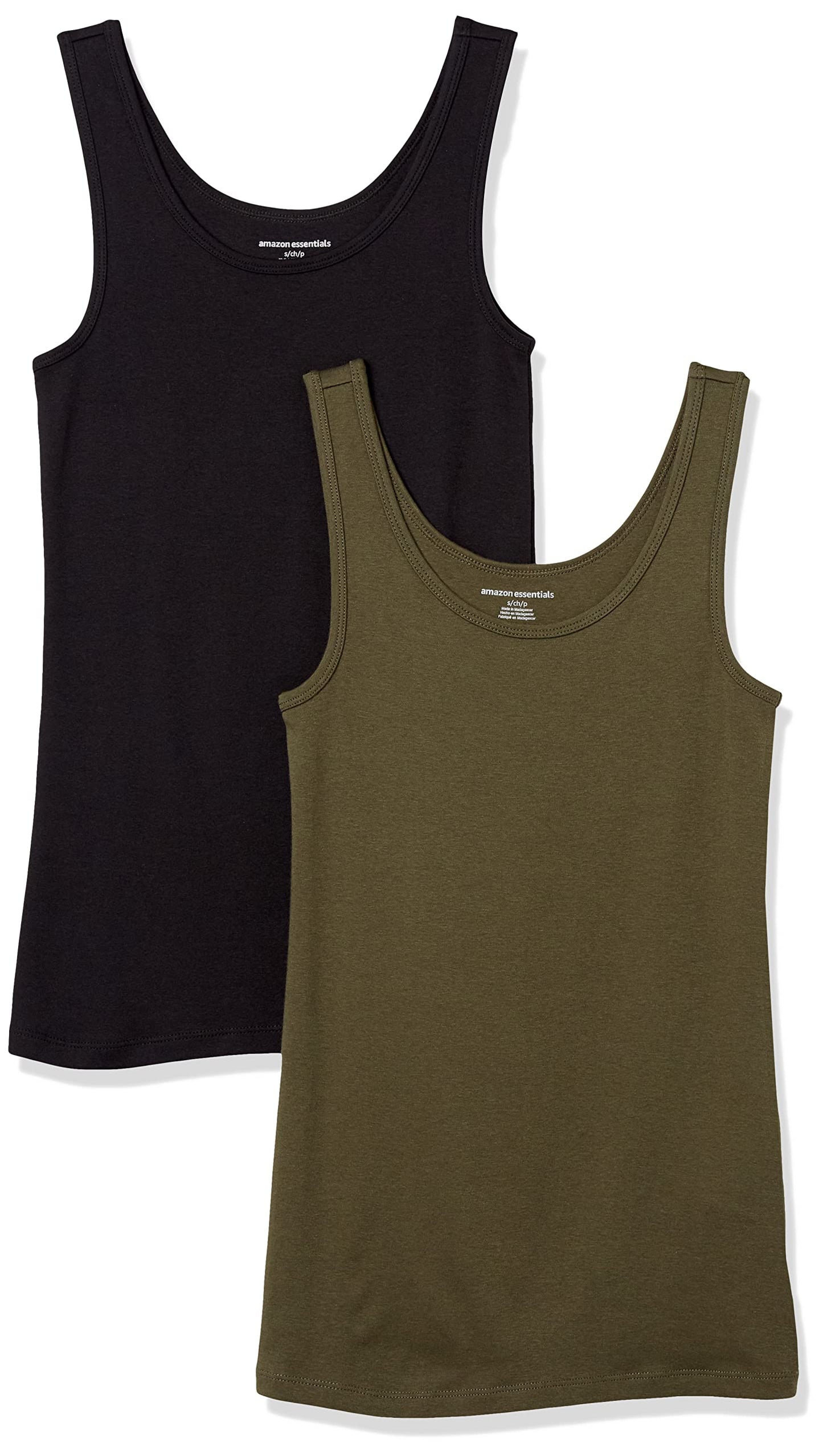 Amazon Essentials Women's Slim-Fit Tank Top, Pack of 2, Black/Olive, X-Large