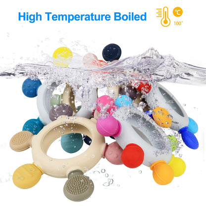 Arudyo Baby Teething Toys Silicone Teethers BPA Free Silicone Rudder with Wooden Ring Soothe Babies Gums (Khaki)