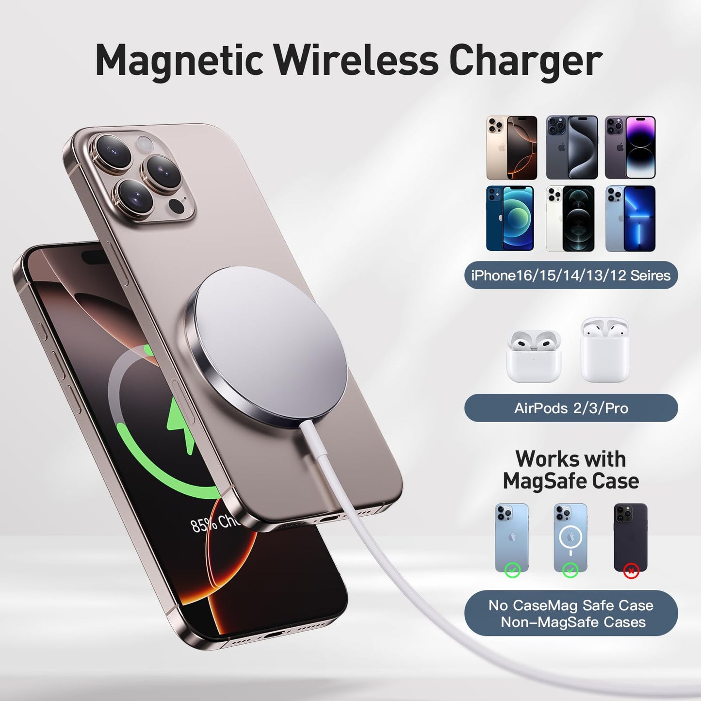 2025 Latest Magnetic Wireless Charger for iPhone: Mag Safe Charger Fast Charging Pad Compatible with iPhone 16 15 14 13 12 Pro Max Plus & Airpods 2 3 4Pro(3 Pack)