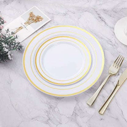 BESTVIP 200PCS Gold Plastic Plate, Disposable Party Plates with 100 Dinner Plates and 100 Dessert Plates, Plastic Plates for Party, Wedding and Birthday
