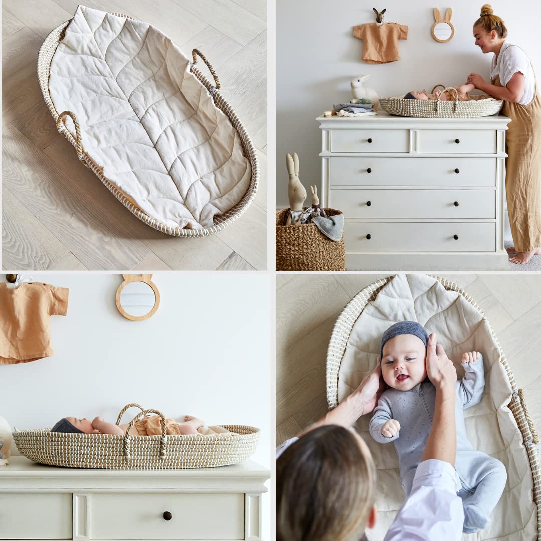 BEBE BASK Premium Baby Diaper Caddy Organizer - Handmade - Seagrass Basket With Cotton Divider - Award-Winning & Luxury Diaper Caddy Basket - White (NATURAL)