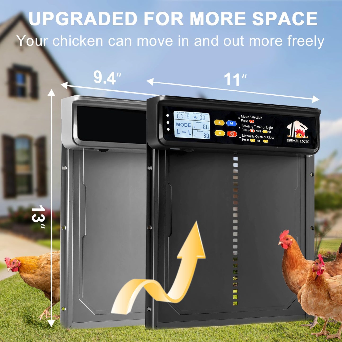 Automatic Chicken Coop Door Solar Powered with Timer, Light Sensor, Remote Control, LCD Display, Aluminum Alloy 4 Auto Modes Wide Chicken House Door, Anti-Pinch, Weatherproof, USB Backup, Black