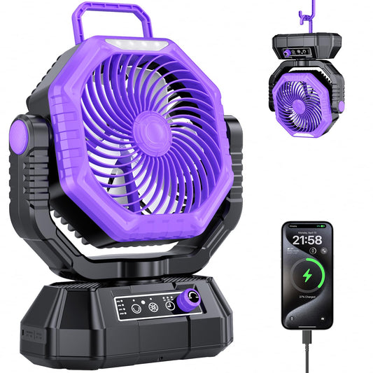 AJVV Camping Fan, 20000mAh Portable Rechargeable Battery Powered Fan with Stepless Wind Speed, Personal Desk USB with Light for Outdoor, Home, Tent, Fishing, Camping