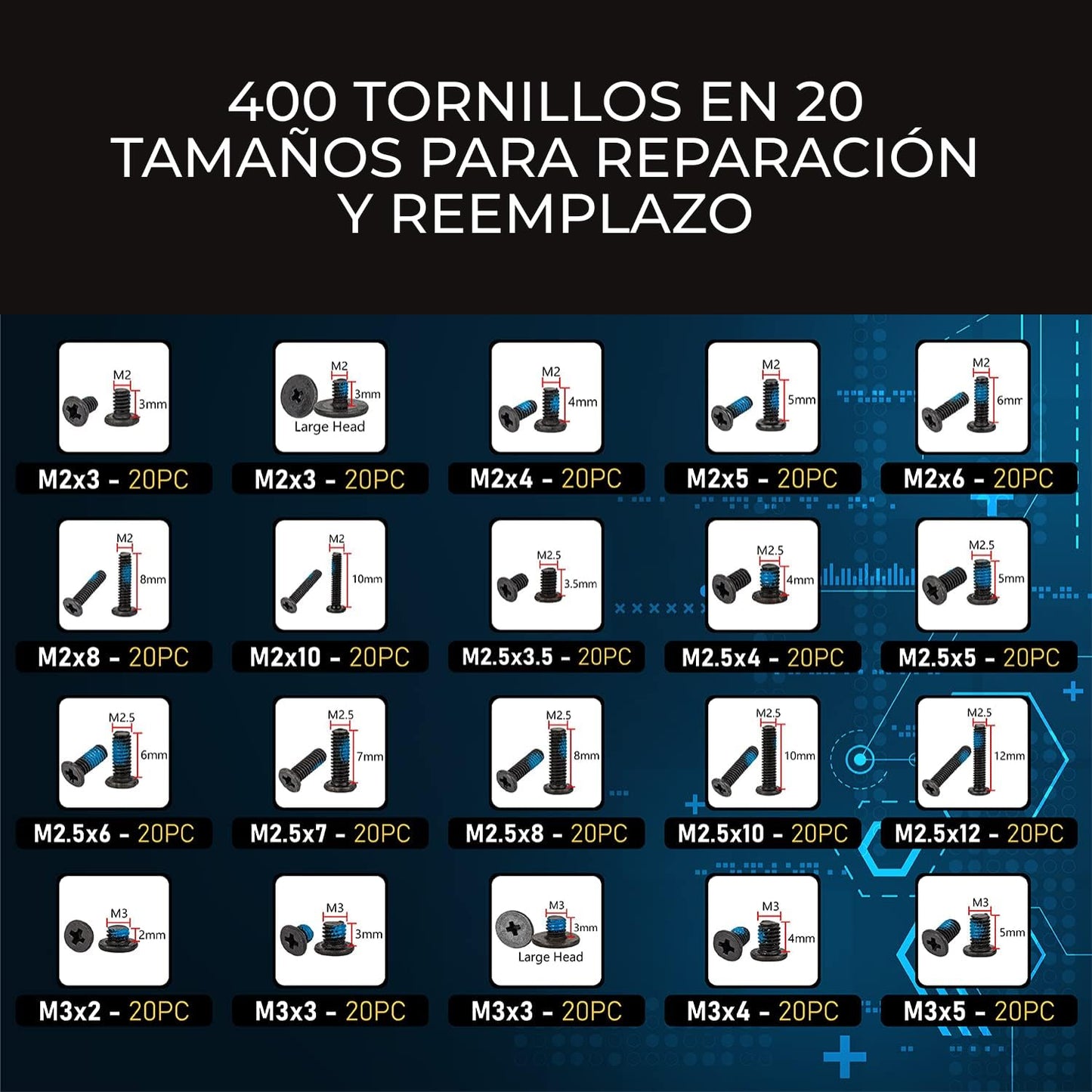 BOLT DROPPER 400pcs Laptop Screws w/Blue Nylok (20 Sizes) Titanium Nitride Screw Driver, Notebook Computer Screw Kit Set, Electronic Repair Screws for Hard Drive SSD Motherboard Fan Power Graphics