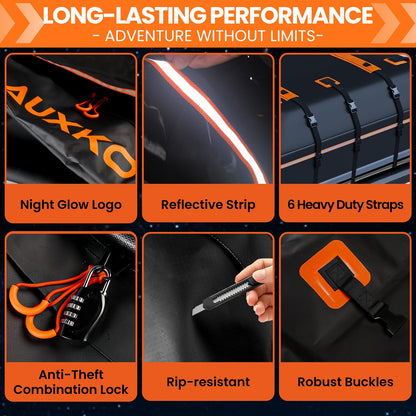 AUXKO 22 Cubic Ft Waterproof Rooftop Cargo Carrier Bag for All Vehicles with/Without Roof Rack, Soft Shell Car Roof Bag with Reflective Strip Includes Anti-Slip Mat, 6 Door Hooks & Combination Lock