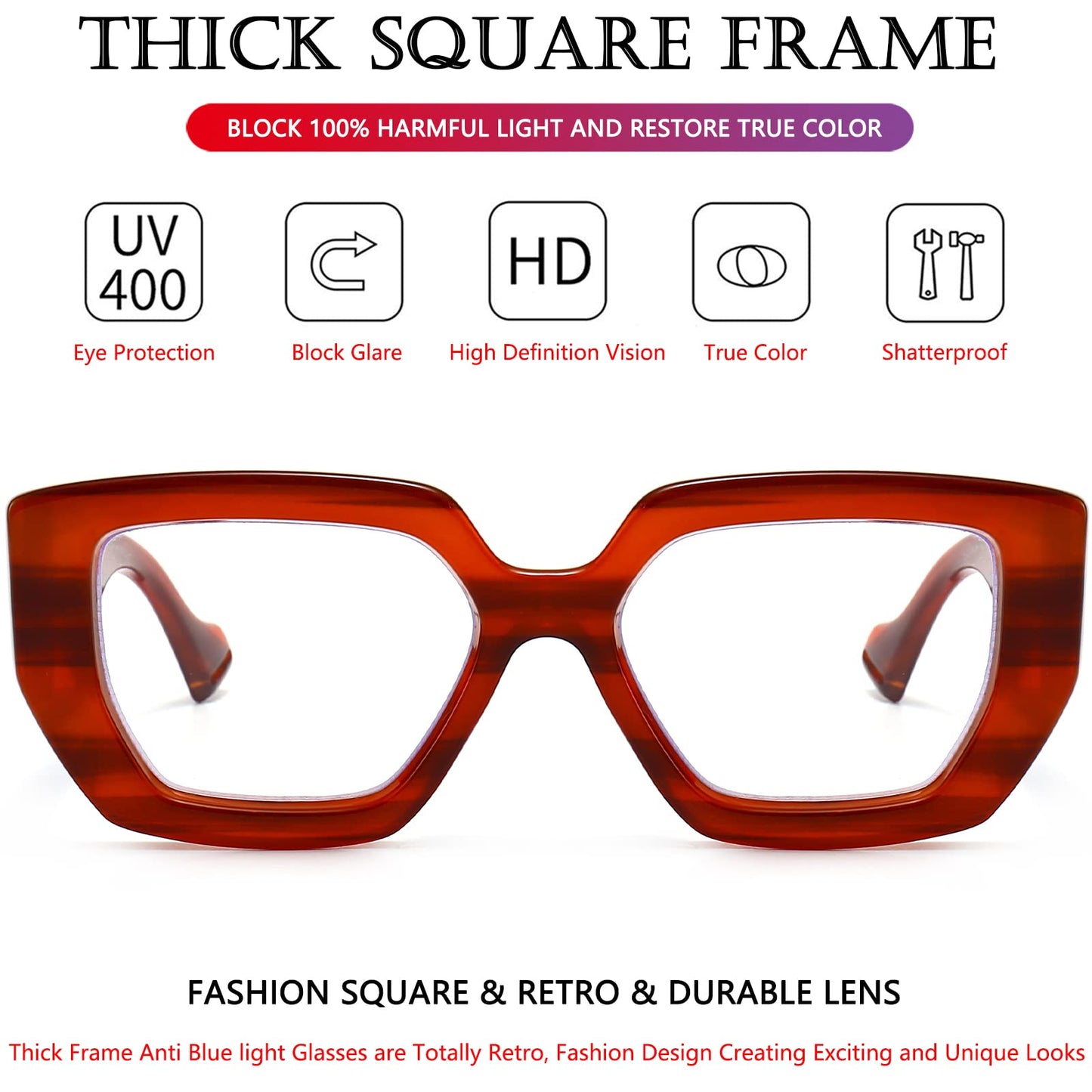 AIEYEZO Thick Frame Blue Light Glasses Men Women, Fashion Square Computer Eyeglass Anti Eyestrain & Prevent Headache (Amber)