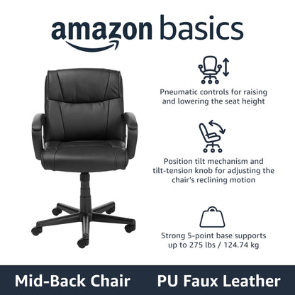 Amazon Basics Office Computer Task Desk Chair with Padded Armrests, Mid-Back, Adjustable, 360 Swivel, Rolling, 275 Pound Capacity, 24.2"D x 24"W x 34.8"H, Black Faux Leather