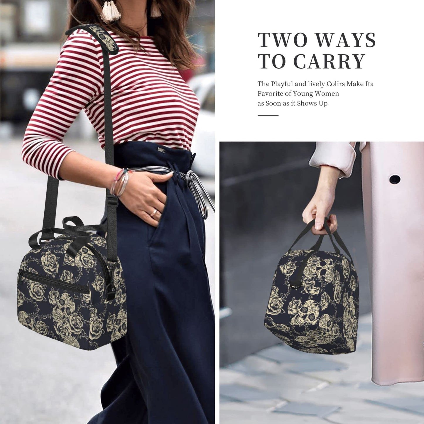 bassyil Skull Insulated Lunch Bag Reusable Lunch Box With Adjustable Shoulder Strap Cooler Tote Bag For Men Women