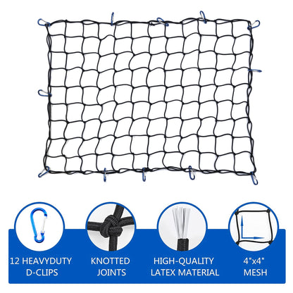 Amiss 3' x4' Stretches to 6' x 8' Truck Cargo Net, Roof Rack Cargo Net for Pickup Trucks SUV, Heavy Duty Truck Bed Cargo Bungee Net with 12 Blue Clips and Storage Bag， Car Exterior Accessories