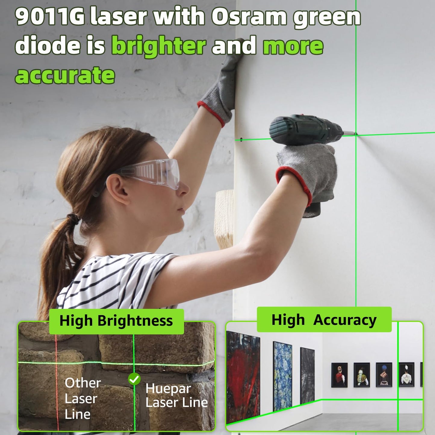 Huepar Laser Level, 100ft Self Leveling Green Cross Line Laser for Picture Hanging, Tile, Decoration & DIY Indoor Construction – 360° Magnetic Base & Battery Included