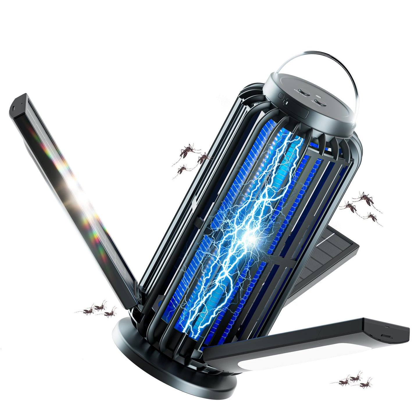 Bug Zapper, Solar Bug Zapper with 3 Solar Charging Panels, IP65 Waterproof Mosquito Zapper, 4200V Mosquito Zapper with LED Light, Outdoor Indoor AUTO ON/Off