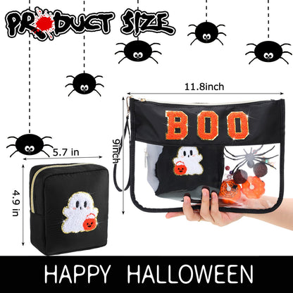 Hillban 2 Pcs Summer Halloween Gifts Chenille Letter Bags Boo Patch Makeup Bag Spooky Pumpkin Flat Clear Pouch PVC Organizer Purse Waterproof Travel Cosmetic Bag Portable Storage Case for Women
