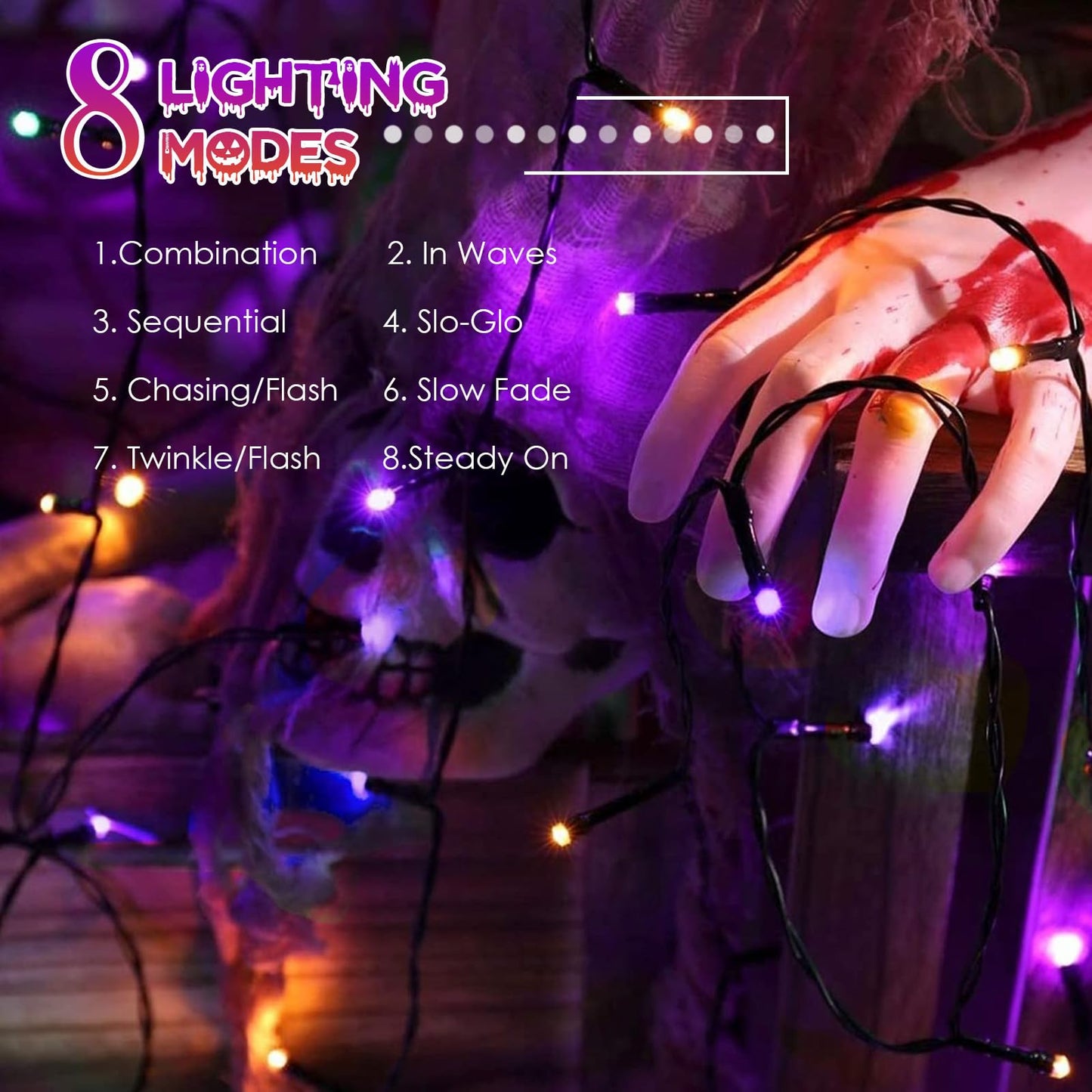 4pk Orange and Purple Solar Halloween Lights Outdoor Waterproof, 400LED 132FT Solar Powered LED String Lights Black Wire with 8 Modes, Solar Fairy Lights for Halloween Horror Party Tree Wedding Decor