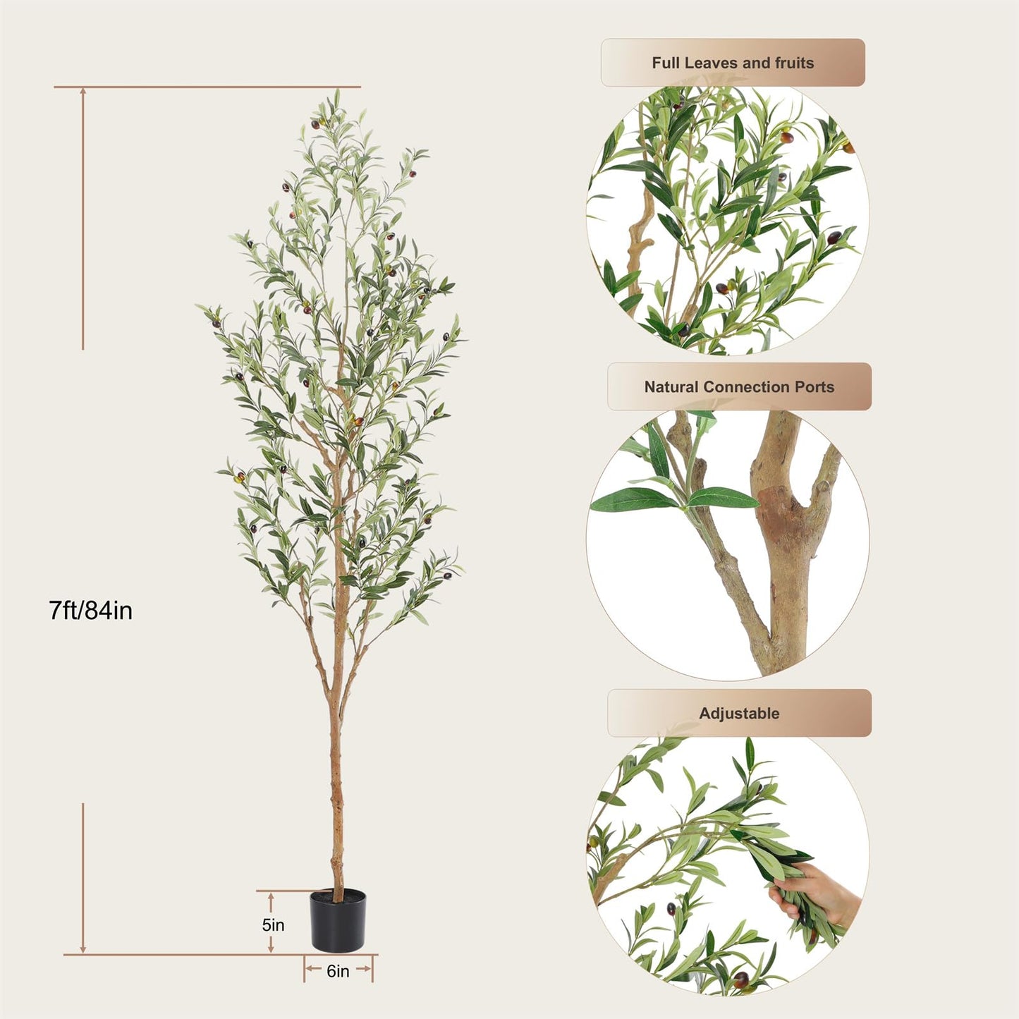 Bellacat Faux Olive Tree 7ft，Olive Trees Artificial Indoor with Natural Wood Trunk and Realistic Leaves and Fruits. 7 Feet(84in) Fake Olive Tree for Home House Office Décor.