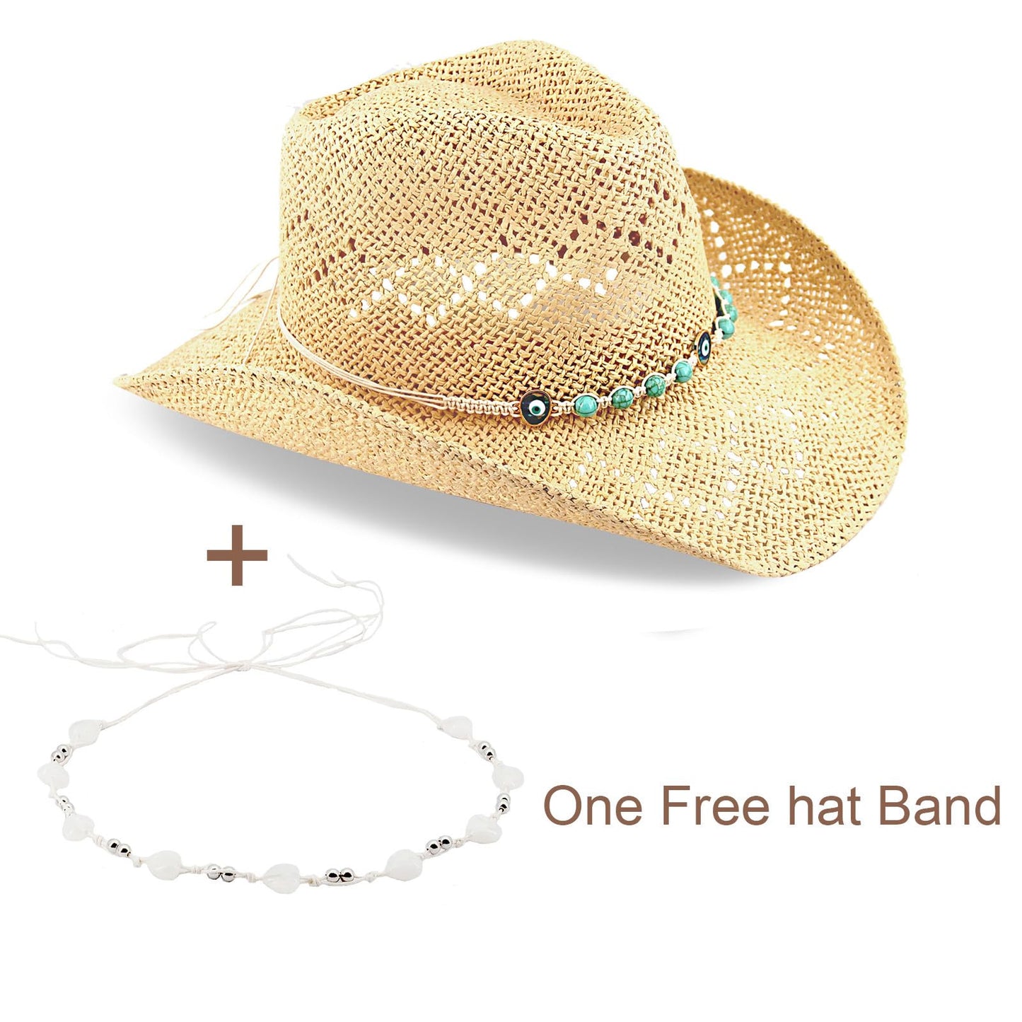 Women's Western Cowgirl Hat Men's Cowboy Hat Straw Cowboy Hat Woven Sun Hat Western HatUnique Two Decorative Bands (US, Alpha, One Size, X-Large, Beige-Eyestone)