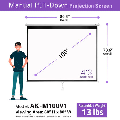 Akia Screens 100 inch Projector Screen Pull Down Manual B 4:3 or 92" 16:9, 95" 16:10 8K 4K HD 3D Ceiling Wall Mount White Portable Projection Screen for Indoor Movie Home Theater Office AK-M100V1