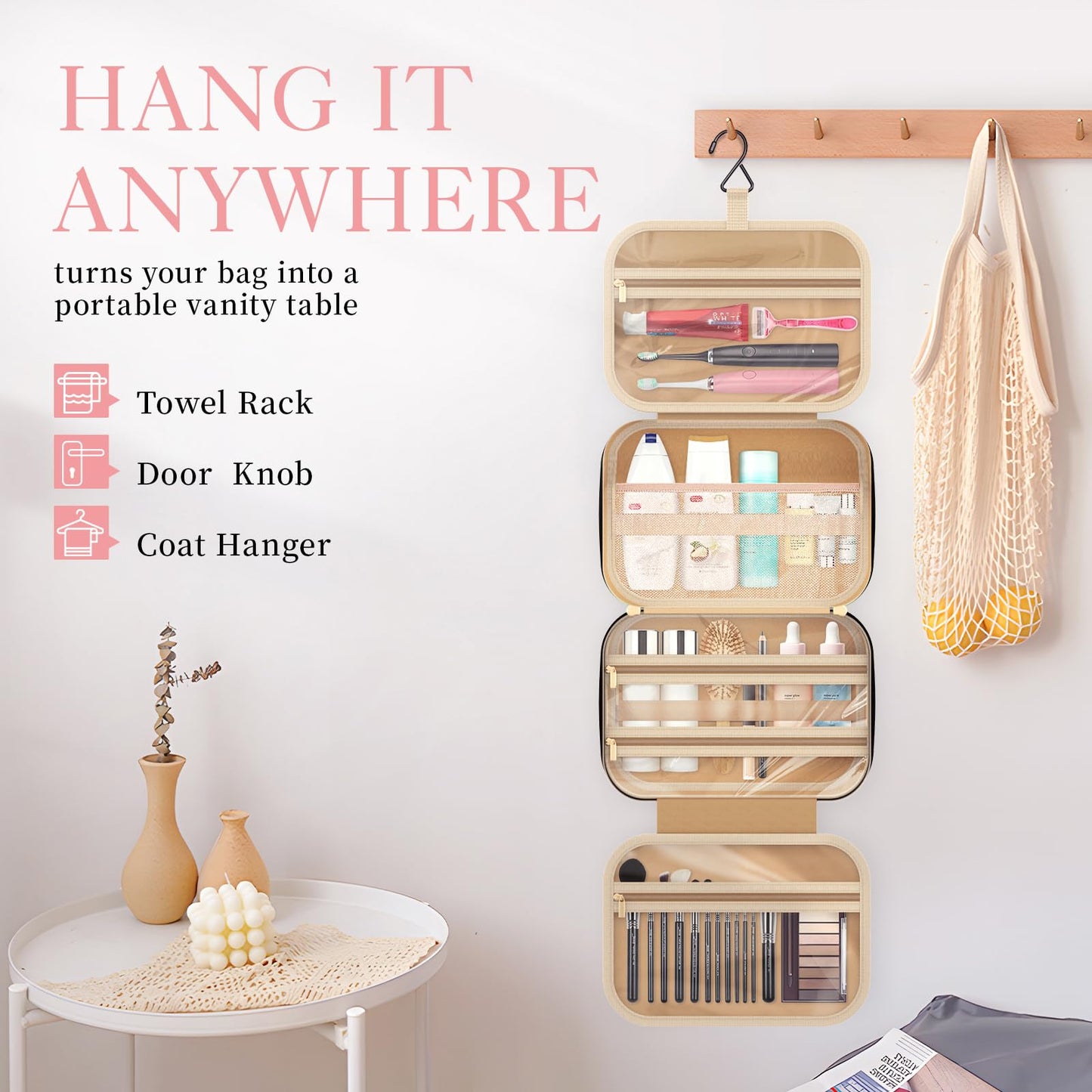 HOTOR Travel Toiletry Bag w/Hanging Hook - Spacious Toiletry Bag Essentials for Women & Men, Makeup Bag/Big Comparment, Waterproof for Travel Accessories, Medium, Black