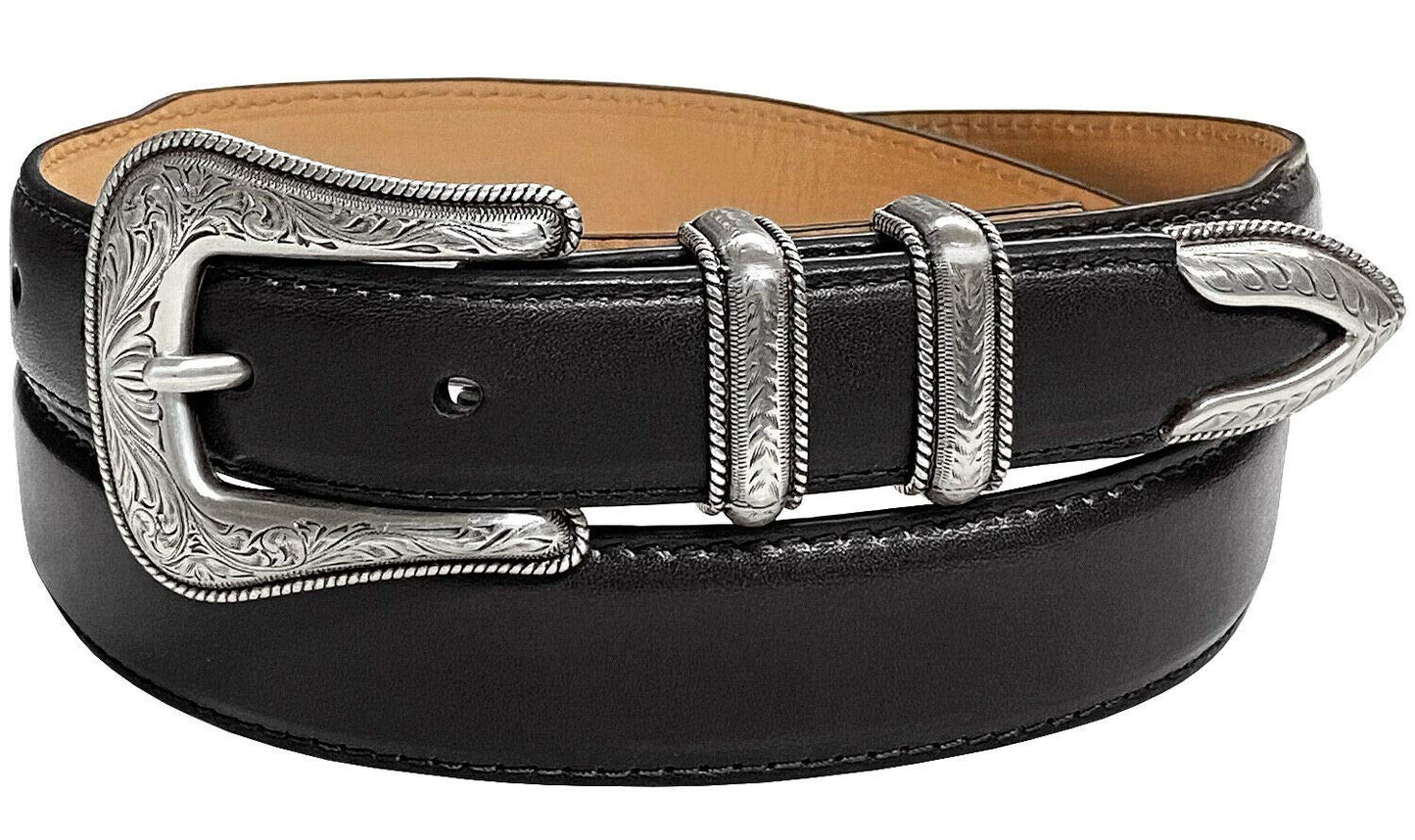 Brenton_Genuine Full-Grain Cowhide Leather Dress Belt with Western Silver Plated Buckle Set (Smooth Black, 38)