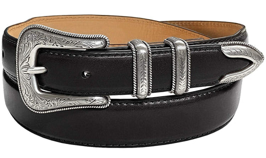 Brenton_Genuine Full-Grain Cowhide Leather Dress Belt with Western Silver Plated Buckle Set (Smooth Black, 38)