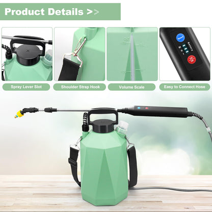 Battery Powered Sprayer 1.35Gallon/5L, 2025 Upgraded Electric Sprayer in Lawn and Garden with 3 Adjustable Force, Battery Indicator, Rechargeable Handle, Telescopic Wand,3 Mist Nozzles,Shoulder Strap