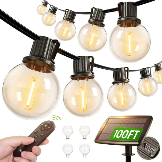 addlon 100FT Solar String Lights Outdoor with Remote, 54 LED Shatterproof Bulbs, Dimmable & Timable, 3 Light Modes, G40 Waterproof Solar String Lights for Outside Backyard Party Decor