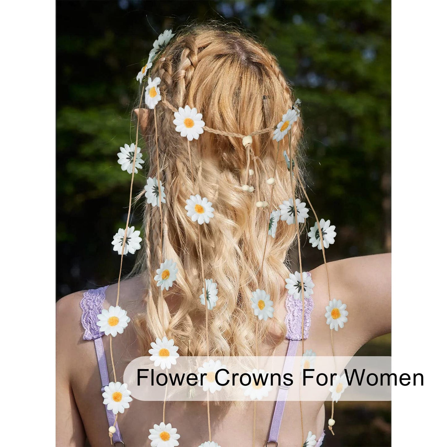 AWAYTR Flower Hippie Headband Floral Crown Behemain Sunflowers Beads Adjust Flower Headdress Hair Accessories (White)
