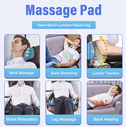 Back Massager with Heat & Traction & Vibration, Seat Massager Pad for Pain Relief Deep Tissue, Lumbar Traction, PU Leather, Foldable, for 5’ to 6’1”, Massage Chair Pad for Office Home