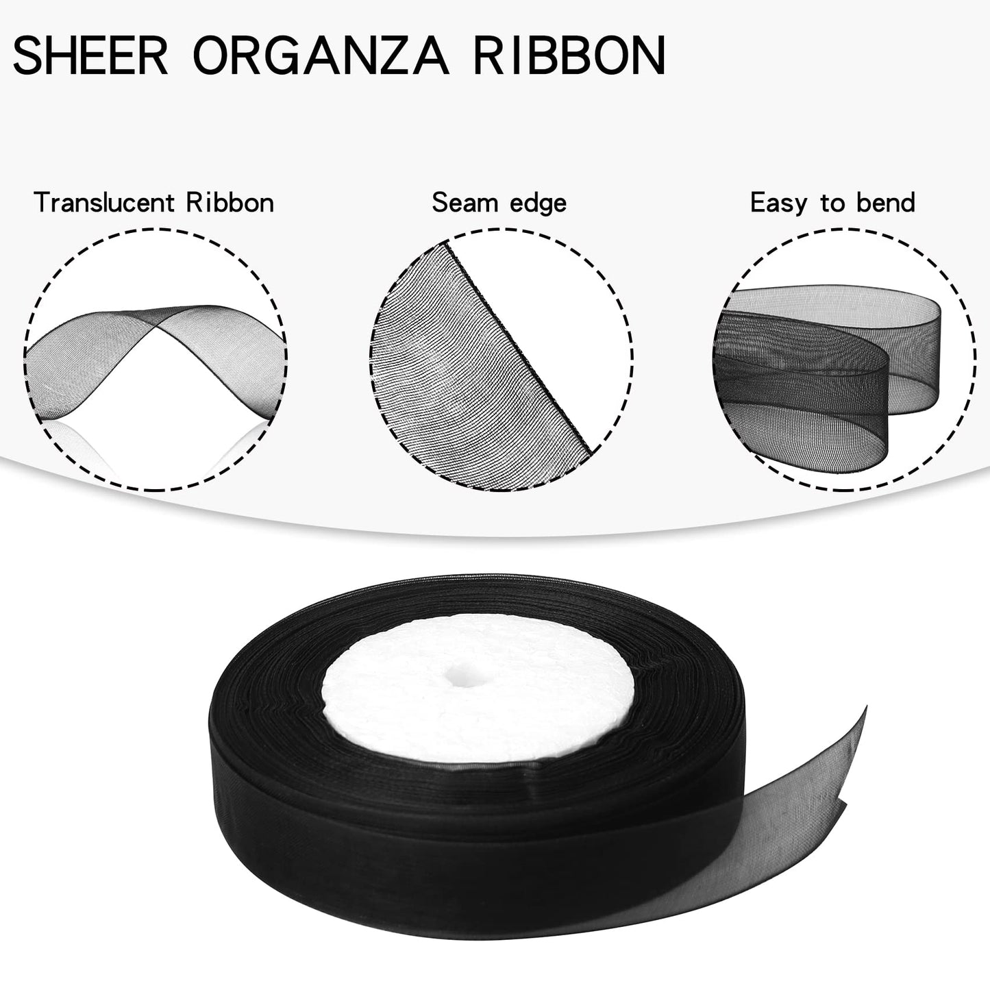 Hiswan 3/4 inch Sheer Organza Ribbon 50 Yards Black Chiffon Ribbon for Gift Wrapping Christmas Halloween Decoration Wedding Bouquet Crafts