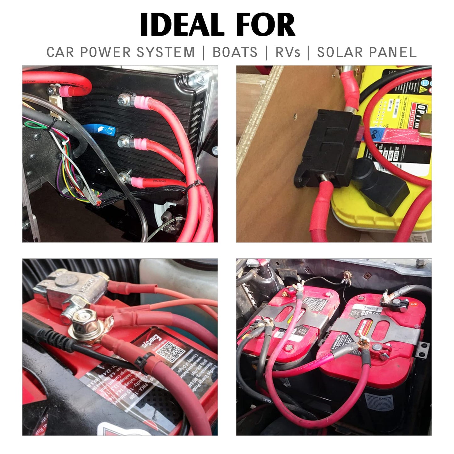 HBU 1/0 Gauge Car Battery Cables - 12 Feet Black & 12 Feet Red - 0 AWG Automotive, Truck, Solar, Motorcycle Inverter Cable with 4pcs M10 & 4pcs M12 SC Cable Lugs