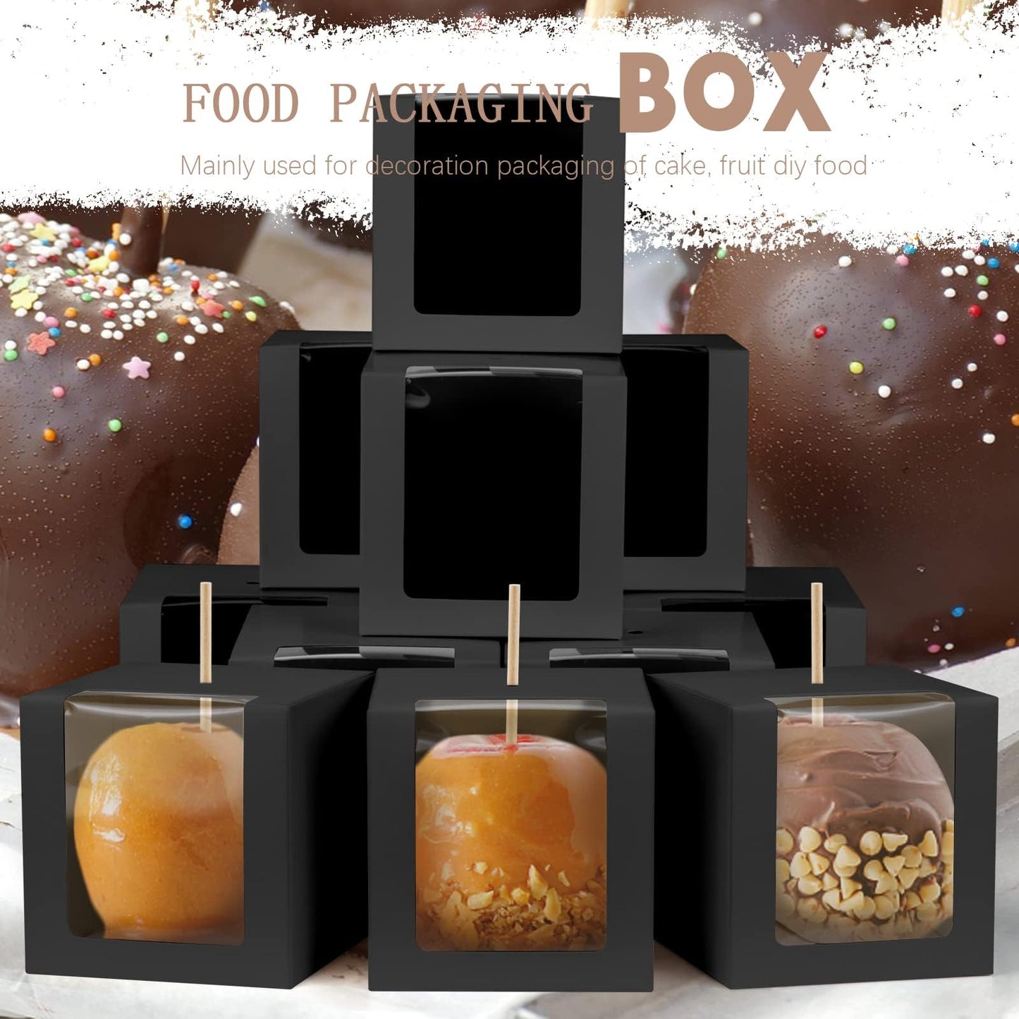 BadenBach 40 Pack Kraft Candy Apple Boxes with Sticks,4" x 4" x 4",Caramel Apple Box Kit Chocolate Cake Treat Boxes with Clear Window for Wedding,Party,Birthday,Baby Shower,Halloween (Black)
