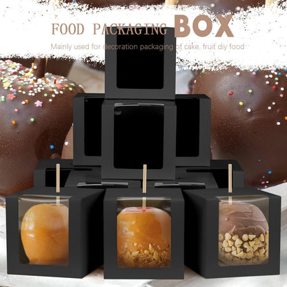 BadenBach 40 Pack Kraft Candy Apple Boxes with Sticks,4" x 4" x 4",Caramel Apple Box Kit Chocolate Cake Treat Boxes with Clear Window for Wedding,Party,Birthday,Baby Shower,Halloween (Black)